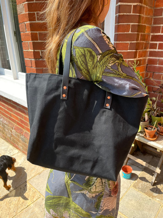 Black / Green Canvas Tote with Leather Handles