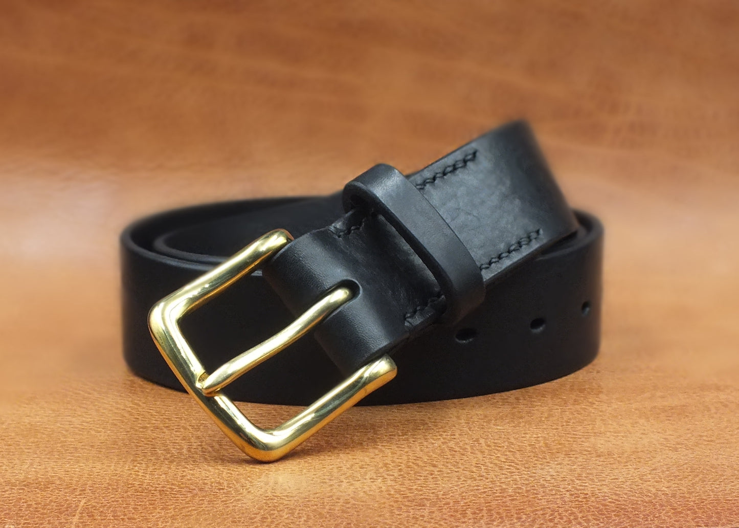 SALE - Black Leather Belt - Brass - 1.5" (38mm wide) - 32" to 36" Waist
