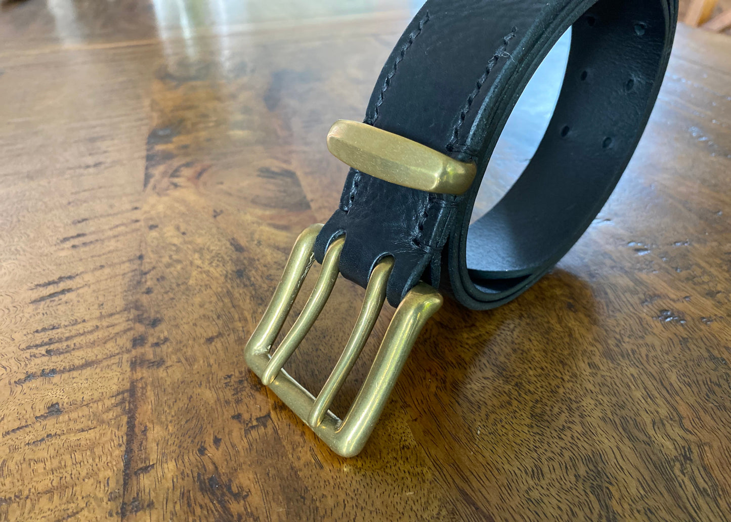 Black Leather Belt - 2 prong Brass buckle - 1.5" (38mm wide) - Full Grain Leather - Hand Stitched