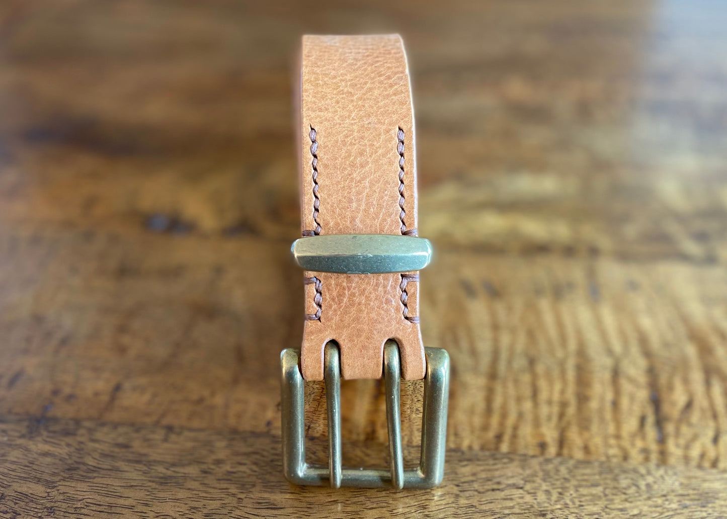 Tan Leather Belt - 2 prong Brass buckle - 1.5" (38mm wide) - Full Grain Leather - Hand Stitched