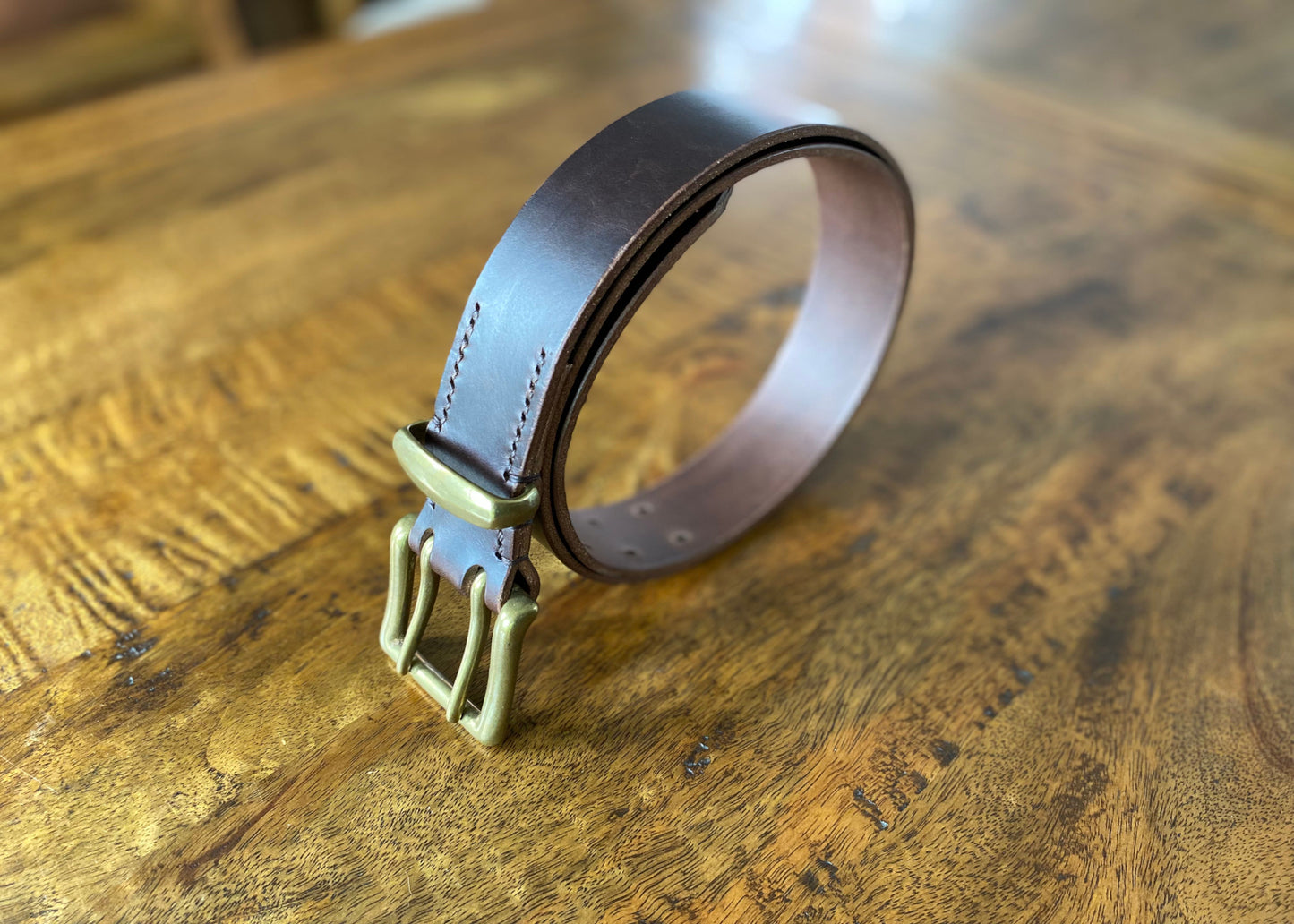 Dark Brown Leather Belt - 2 prong Brass buckle - 1.5" (38mm wide) - Full Grain Leather - Hand Stitched