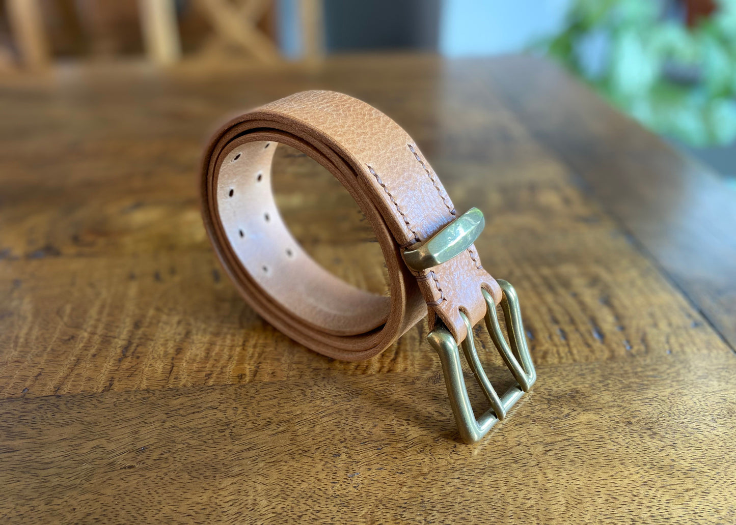 Tan Leather Belt - 2 prong Brass buckle - 1.5" (38mm wide) - Full Grain Leather - Hand Stitched