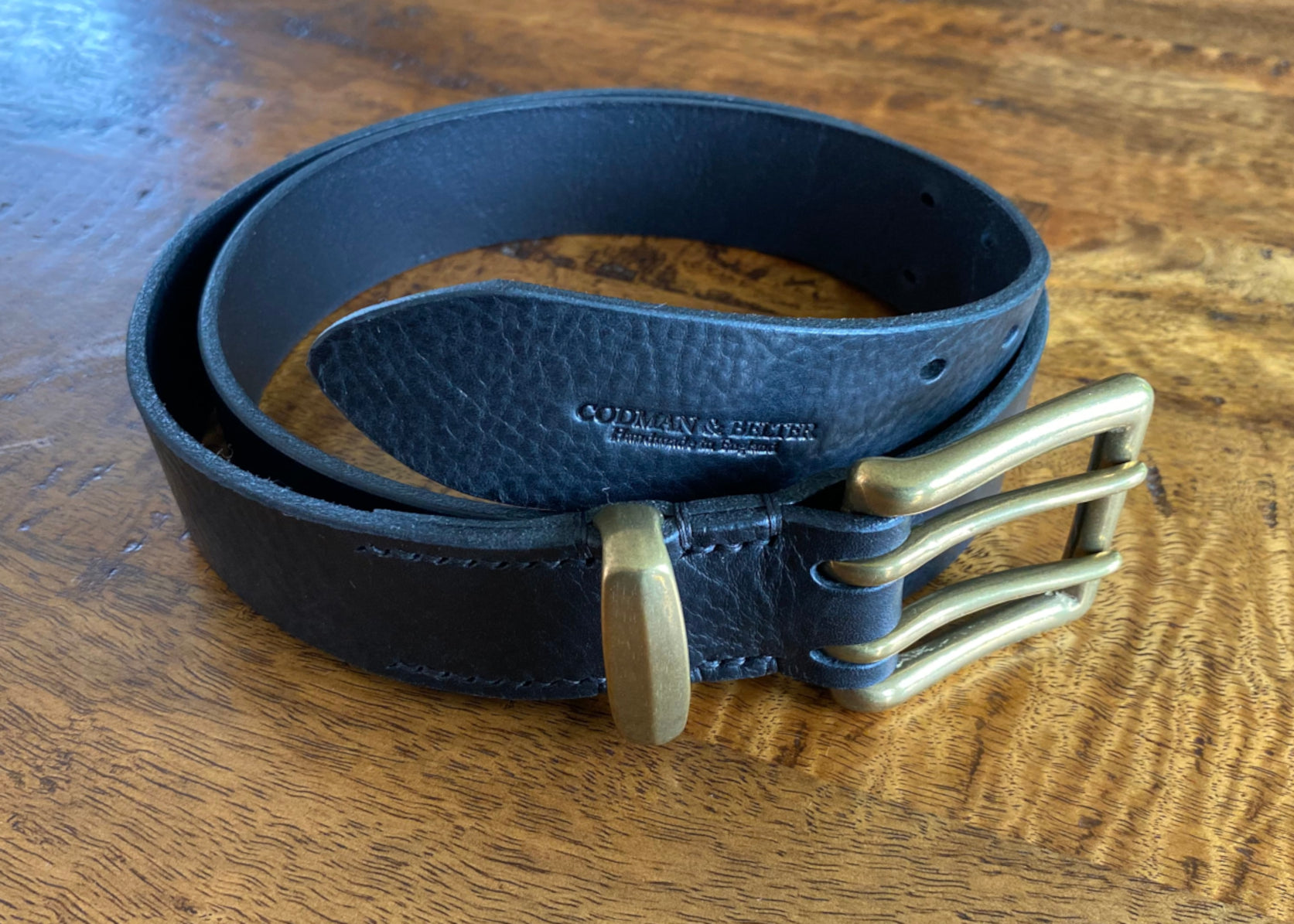 Black Leather Belt - 2 prong Brass buckle - 1.5" (38mm wide) - Full Grain Leather - Hand Stitched