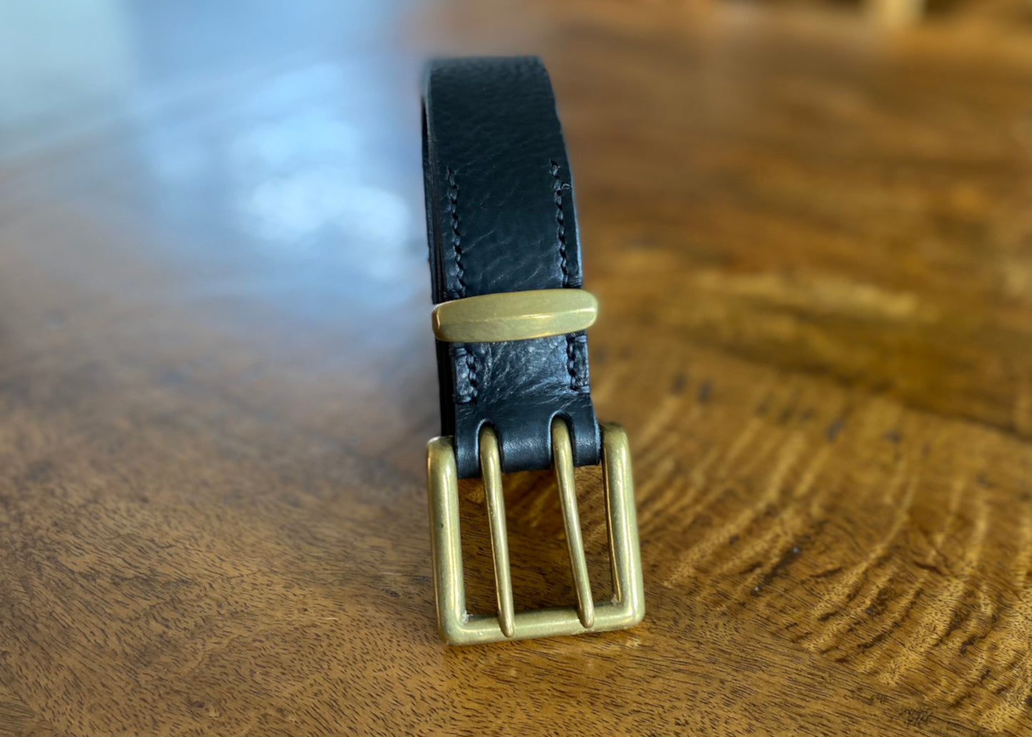 Black Leather Belt - 2 prong Brass buckle - 1.5" (38mm wide) - Full Grain Leather - Hand Stitched