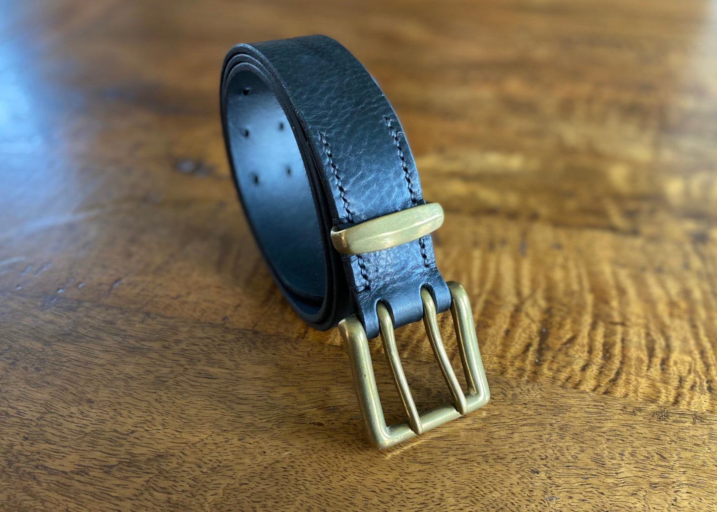 Black Leather Belt - 2 prong Brass buckle - 1.5" (38mm wide) - Full Grain Leather - Hand Stitched