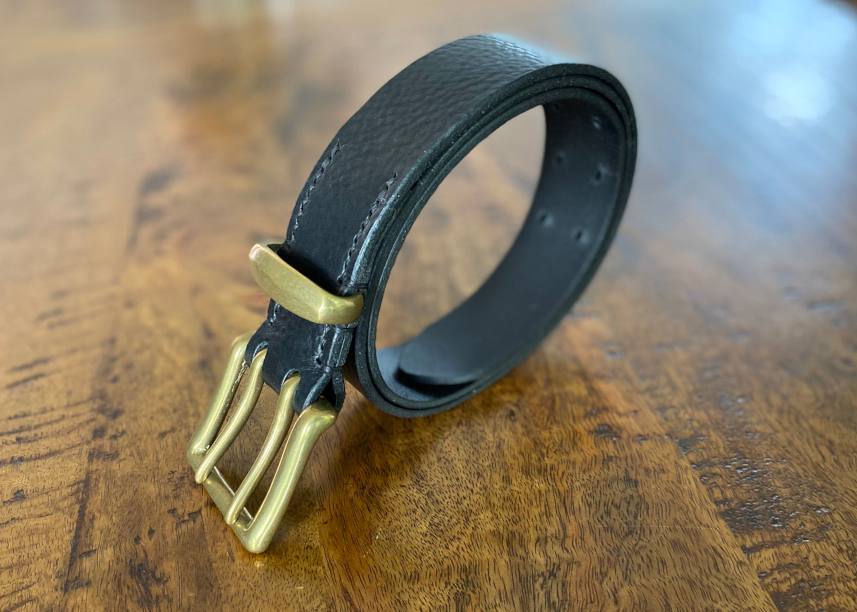 Black Leather Belt - 2 prong Brass buckle - 1.5" (38mm wide) - Full Grain Leather - Hand Stitched