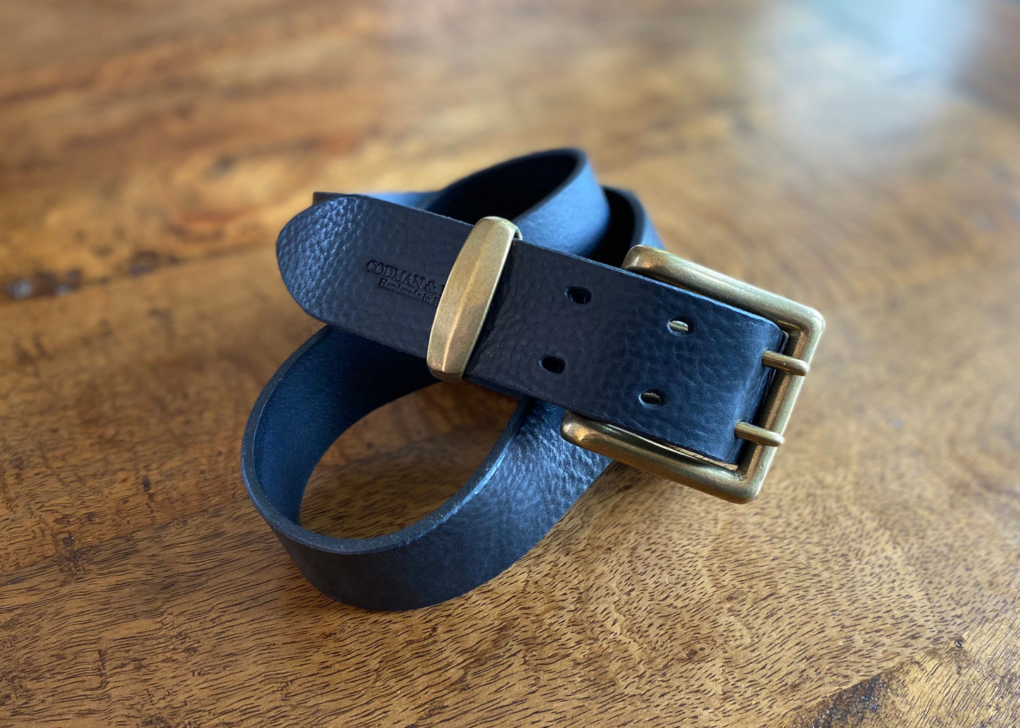 Black Leather Belt - 2 prong Brass buckle - 1.5" (38mm wide) - Full Grain Leather - Hand Stitched