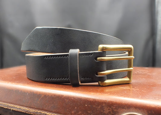 Hand-Stitched Oak Bark Tanned Leather Belt with Double Buckle - 40mm Wide