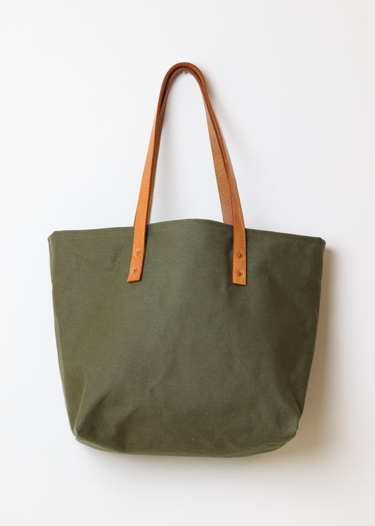 Green Canvas Tote with Leather Handles
